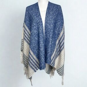 Raj Blue White Ultra Soft Fringe Poncho Women One Size NWOT